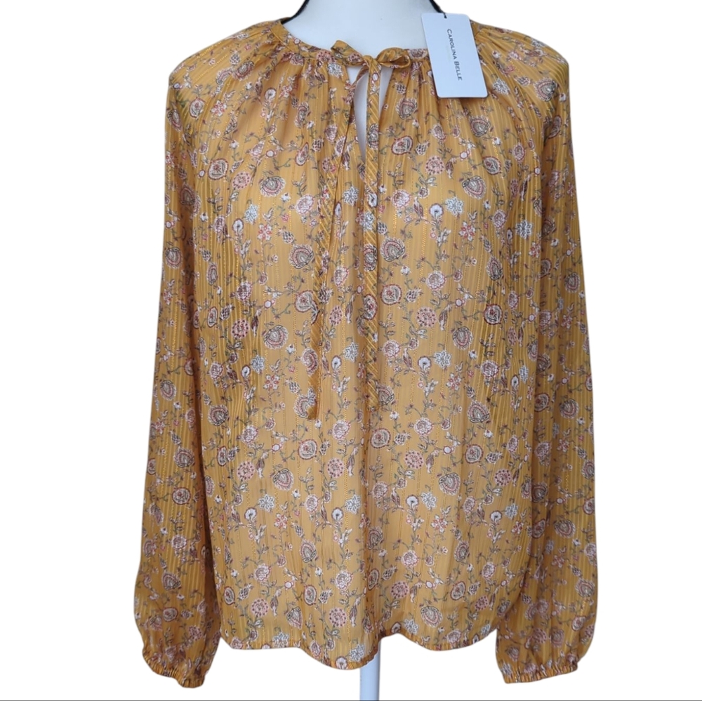NWT Carolina Belle Sheer Floral Striped Metallic Blouse MEDIUM Yellow Gold